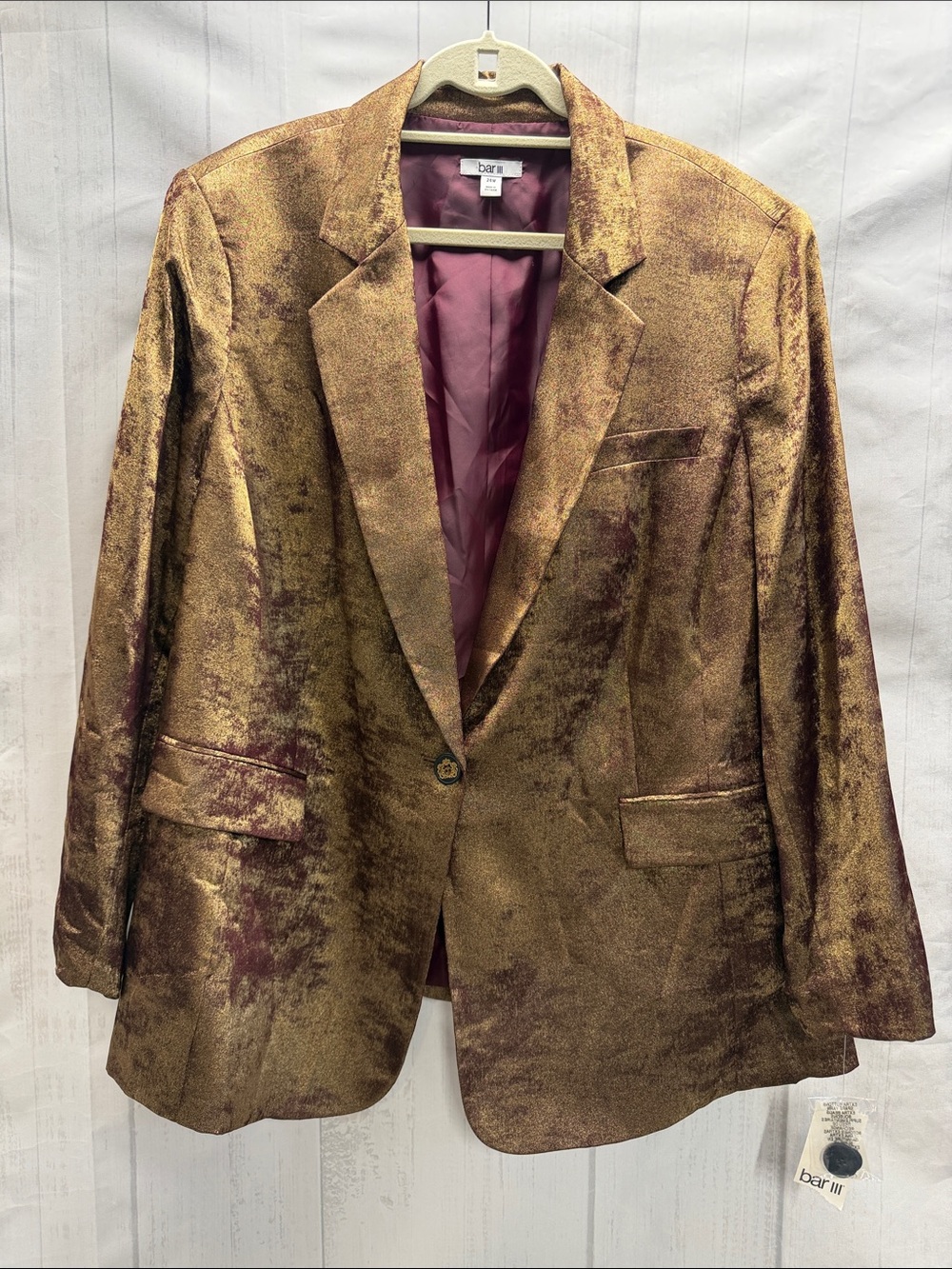 Bar III NWT Red Wine and Gold Metallic One Button Suit Jacket Blazer Size 24W